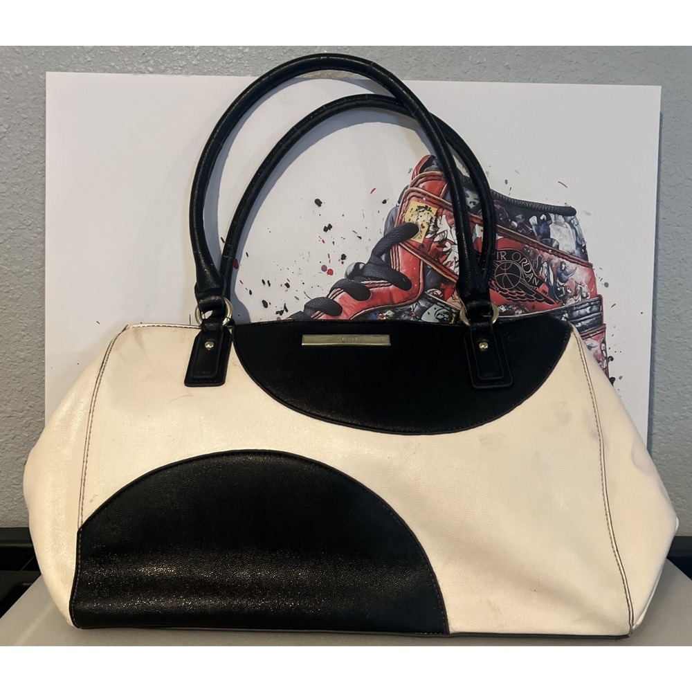 Anne Klein Black White Colorblock Satchel Handbag Top Handle Gold Hardware